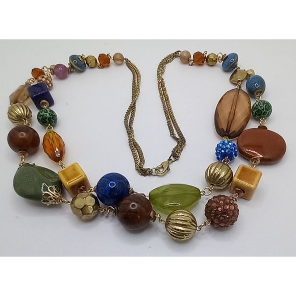 Chunky‎ Multi Gemstone Beads Mixed Texture Two Strand Gold Tone Necklace 34" - Picture 7 of 8